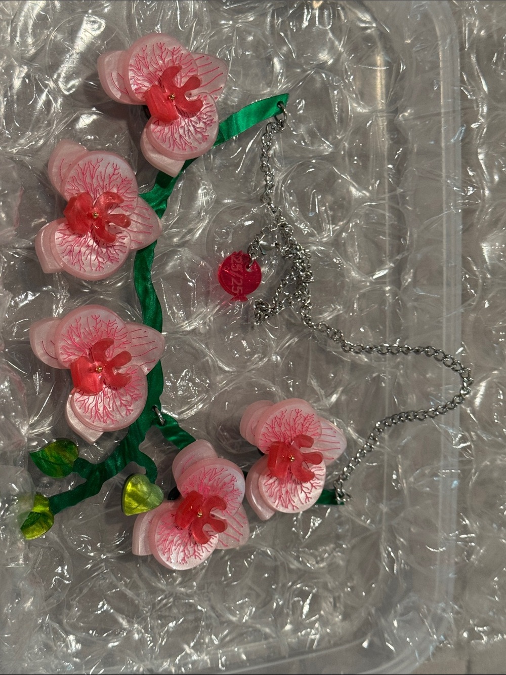 La Vidriola Floral Pink Orchid Statement Necklace